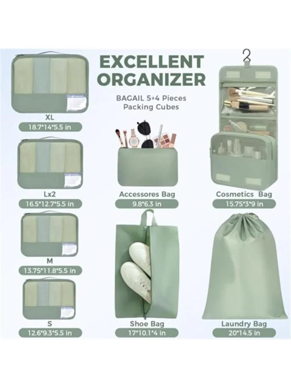 Travel Packing Cubes 9 Piece Luggage Organizer Set Compression Storage Bags